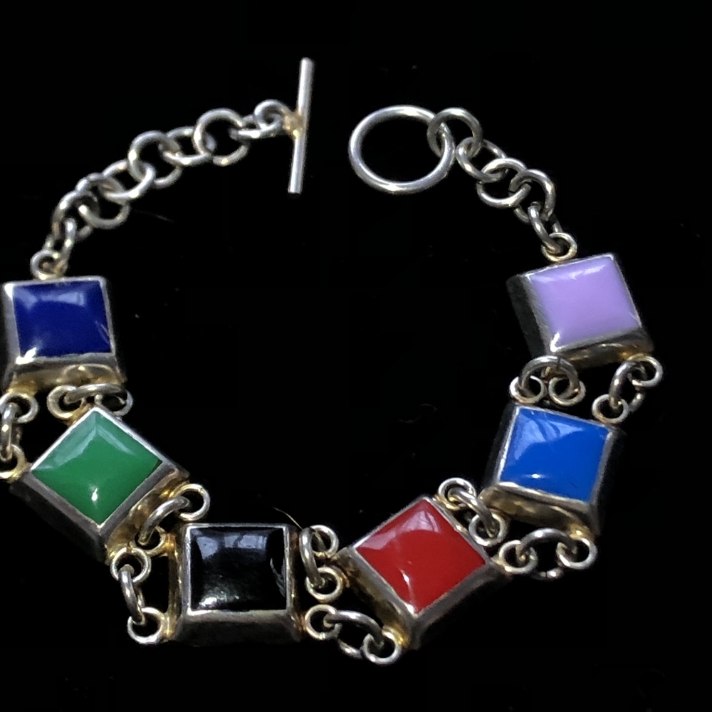 Vintage Mexico 925 Sterling Silver Multi-Stone Bracelet 7.25"